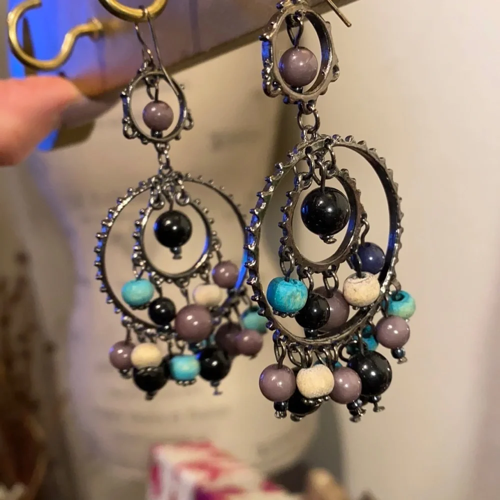 Black turquoise taupe gray dangle earrings 2.75”​
